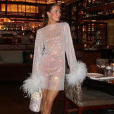 Autumn Bling Glitter Long Sleeve Side Slit Sexy Mini Dresses For Women Feather New Fashion Party Clubwear Y2K Fall Outfits